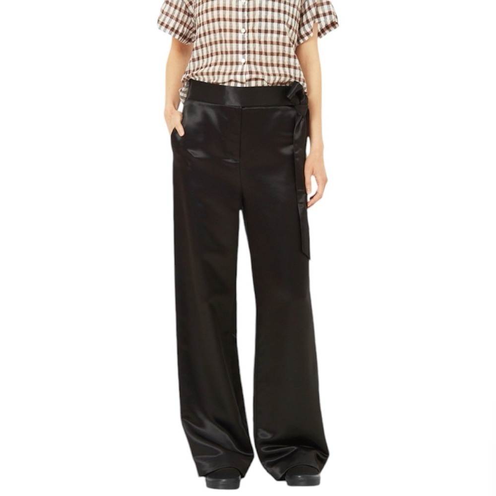Tibi- Black Wide Leg Satin Pants with Tie Sash Belt - Picture 1 of 6